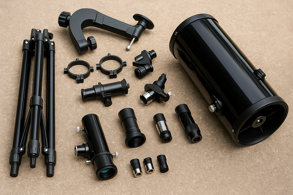 Telescope components laid out before assembly, including a black optical tube, tripod, mount, and eyepiece, neatly arranged on a light surface. AI-generated by ChatGPT (OpenAI)