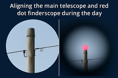 A composite image showing a side-by-side comparison: on the left, a distant object (the top of a telegraph pole) as seen through the telescope; on the right, the same object aligned within a red dot finder’s sight, demonstrating how to use the finder to aim the telescope.(Image generated by ChatGPT using OpenAI’s image tools.)